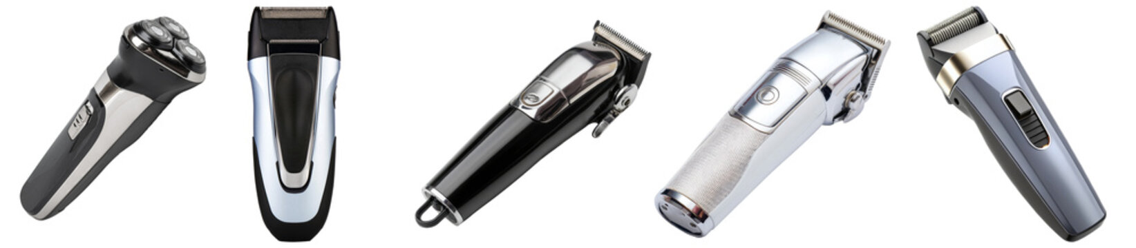 Modern electric shavers and hair clippers, essential grooming tools for men, isolated on a transparent background.