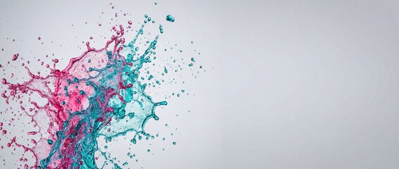 Naklejka premium Pink and Cyan Water Splashes Colliding on Plain Gray Background with Copyspace for Holi Festival Design