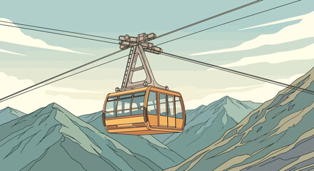 Yellow cable car suspended over mountains on a clear day. © design.idn