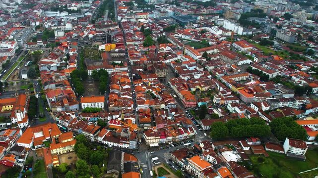 Aerial view of the downtown in the old town  of Braga on a cloudy summer noon in Portugal