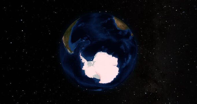 Antarctica on the Globe. Zoom into the country with the Earth spinning in space. High detail physical world map with Antarctica on it. Country view animation. Elements of this image furnished by NASA.