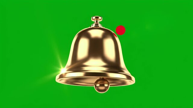 A gleaming golden bell with a red orb against a vibrant green background
