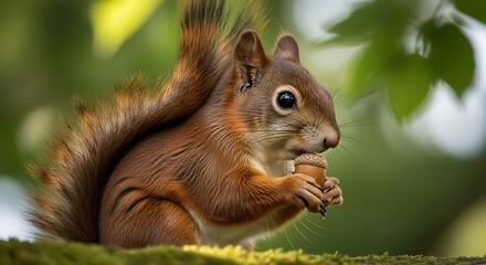 Obraz premium Red Squirrel Enjoying a Nut in a Lush Green Forest.