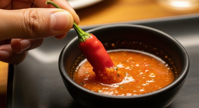 Red Chili Pepper Being Dipped in Spicy Sauce.