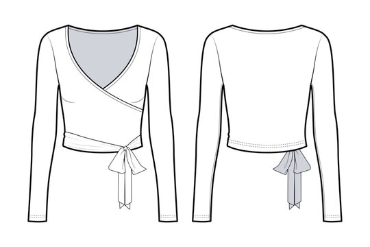 Women's Long-Sleeve Surplice Wrap Top with Side Tie-Front and Back View- Fashion Flat- Vector Illustration- CAD Mock-up
