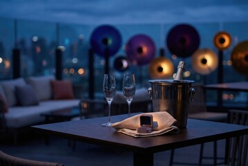 Naklejka premium Elegant champagne display with exquisite jewelry under artistic evening lighting creating an opulent atmosphere for engagement celebration and romantic proposal setting