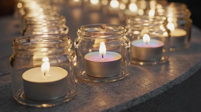 Row of glowing tea light candles in glass jars, soft warm light, bokeh background, perfect for atmosphere and ambiance
