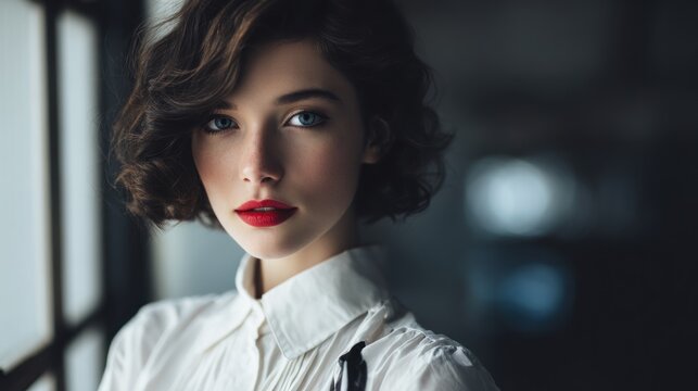 Portrait of a young brunette woman with red lipstick and wavy bob hair