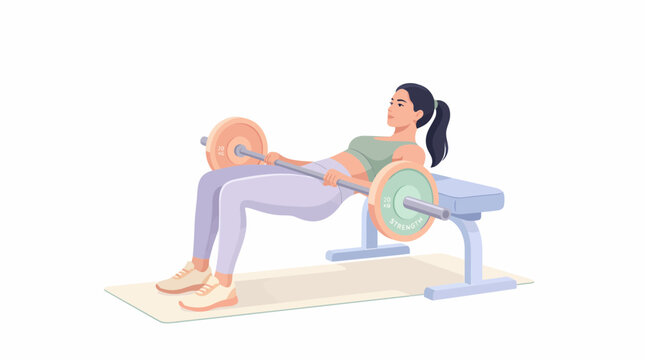 Woman Performing Barbell Hip Thrust Exercise on Bench with Mat for Strength Training