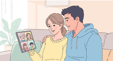 Fototapeta premium Couple Video Calling Family on Tablet, Connecting with Loved Ones Remotely