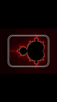 Mandelbrot set fractal animation transitions through vibrant color shifts including purple green red and blue within rounded frame as neon glow pulses across complex mathematical boundaries