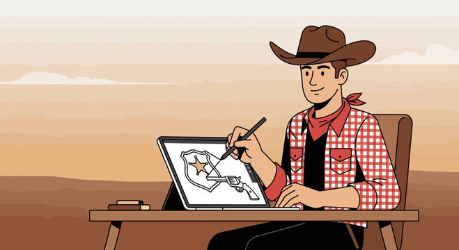 Cowboy artist drawing a sheriff badge and pistol on a tablet in the desert