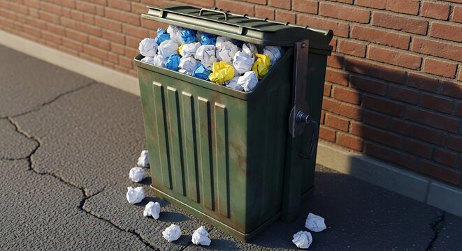 Overflowing Dumpster with Trash Bags Near Brick Wall.
