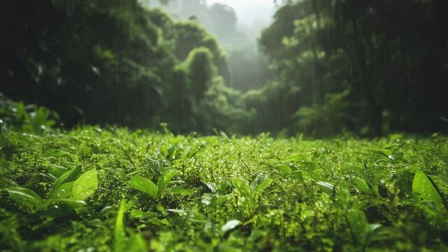 Lush forest floor covered in vibrant green foliage, illuminated by gentle rain and filtered light