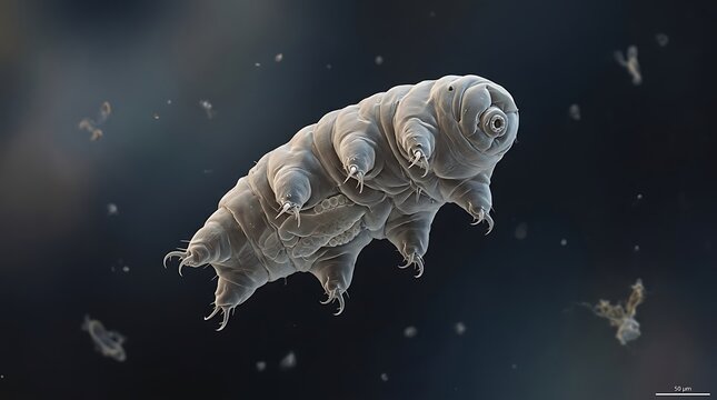 a microscopic ultra-detailed view of a translucent waterbear suspended in a dark gradient background, captured from a centered perspective highlighting resilience