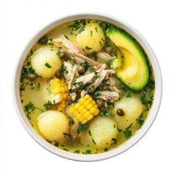 Ajiaco Colombian food plat isolated on a white background