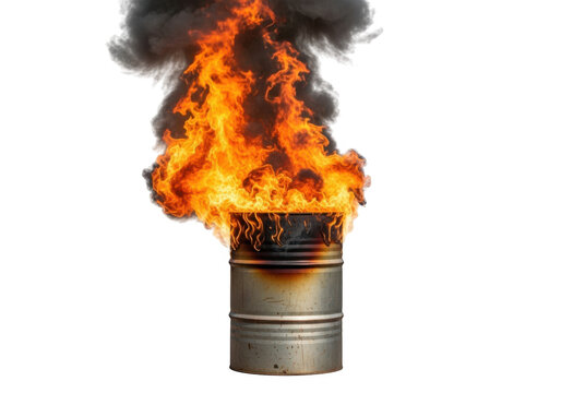 A burning metal trash can with flames and smoke isolated on transparent background