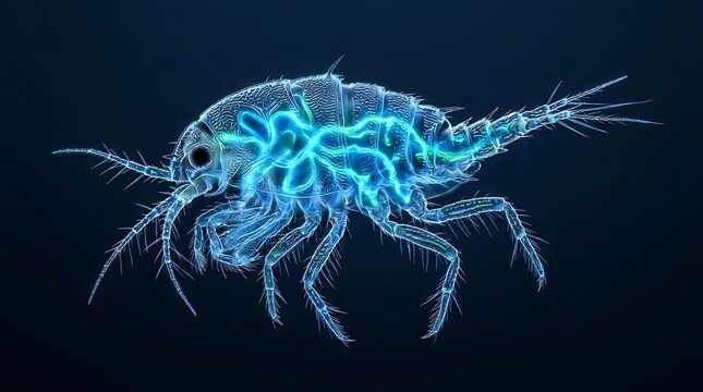 Observing a glowing blue bioluminescent copepod illustration in a dark gradient environment, viewed from a central perspective, showcasing detailed veins, antennae, legs, and eye.