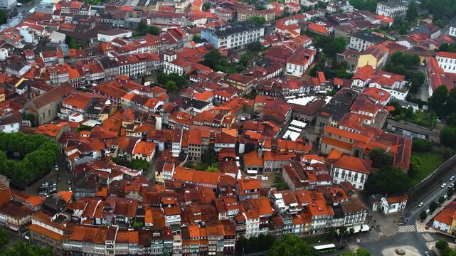 Aerial view of the downtown in the old town  of Guimaraes on a cloudy summer noon in Portugal