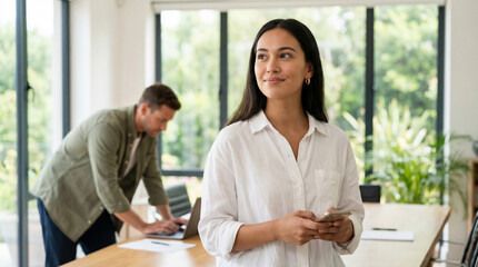 Obraz premium Woman in white shirt standing in office with coworker in background working on laptop