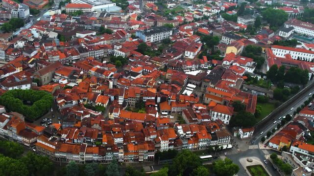 Aerial view of the downtown in the old town  of Guimaraes on a cloudy summer noon in Portugal