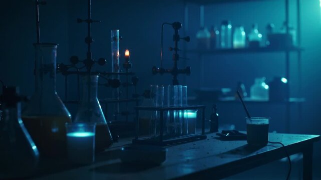 A dimly lit laboratory with various scientific equipment on a table, creating a mysterious and intense atmosphere.