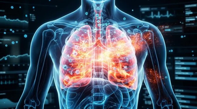 Anatomical illustration of human lungs with glowing internal structures and data visualizations in the background