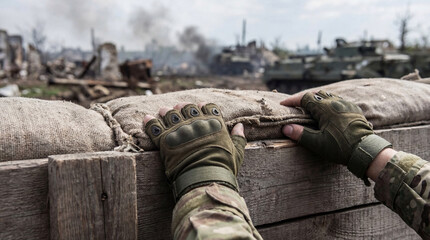 Fototapeta premium First-person view of a soldier's gloved hands gripping sandbags in a trench.