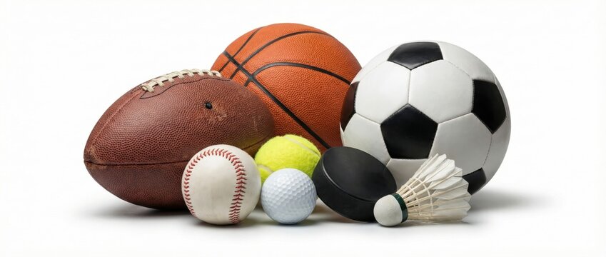 Group of various sports balls and equipment isolated on a white background