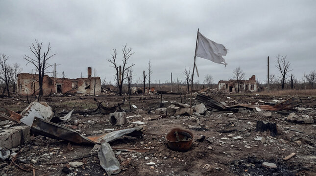 Tattered white flag waves in a desolate, war-torn landscape, symbolizing surrender or peace.