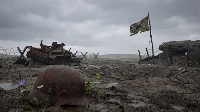 Rusted World War II helmet and battlefield remnants on a desolate, muddy landscape under a gloomy sky.