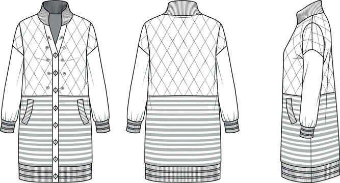 Technical flat sketch of a women's longline quilted cardigan jacket with diamond patterns horizontal stripes ribbed collar and button closure