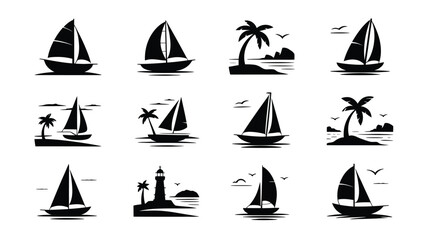 Minimalist sailing icons with palm trees and lighthouses on white background © Jayshri