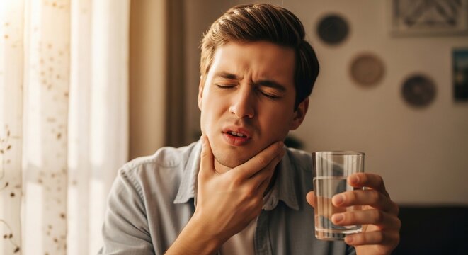Man holding glass of water thinking.