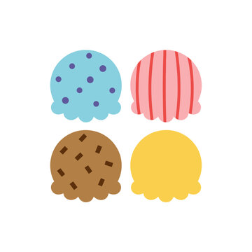 Four Different Flavors of Ice Cream Scoops Set Including Blueberry Strawberry Chocolate Chip and Vanilla Isolated on White Background Illustration