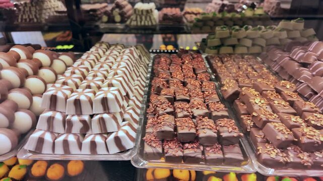 A motion footage showcasing an array of delicious chocolates on display, different varieties of candies arranged neatly in rows