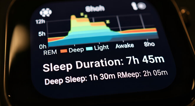Digital sleep tracking data display with duration and deep light REM stages