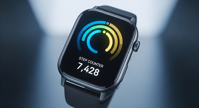 Modern smartwatch displaying step counter and fitness activity rings on a dark background