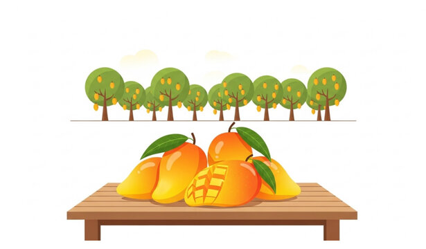 Fresh ripe mangoes on wooden table with mango tree farm vector illustration isolated on white background