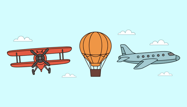 Air Transportation Set Featuring Red Biplane, Orange Hot Air Balloon and Blue Private Jet Plane Flying Through Clouds in Blue Sky Vector