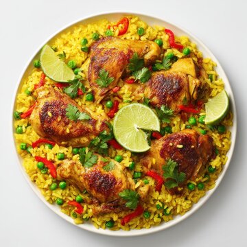 Arroz con Pollo Latin American food plate isolated on a white background