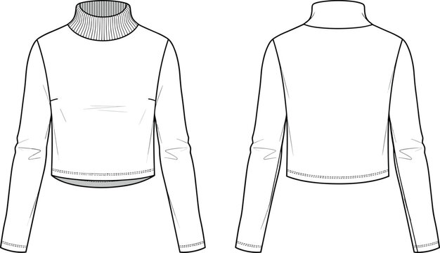 Women's Ribbed Turtleneck Long Sleeve Crop Top Vector Technical Fashion Flat Sketch Template Front and Back View for Apparel Design