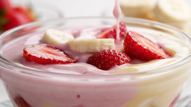 Creamy dessert with fresh fruit layers in a glass bowl