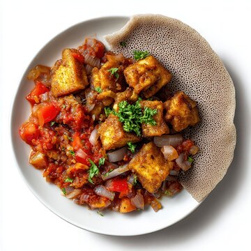 Asa Tibs Ethiopia food plate isolated on a white background