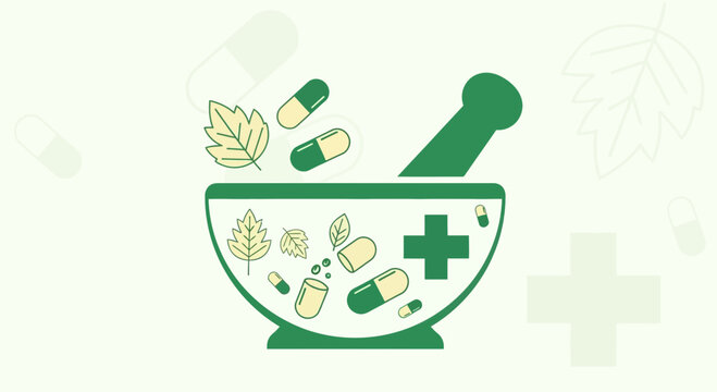 Herbal Medicine Mortar and Pestle with Capsules and Leaves, Natural Remedy Concept