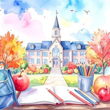 Watercolor school scene with autumnal colors