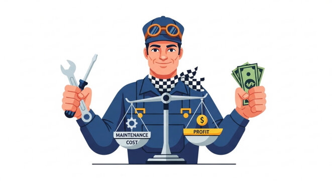 Mechanic balancing maintenance cost and profit with wrench and cash