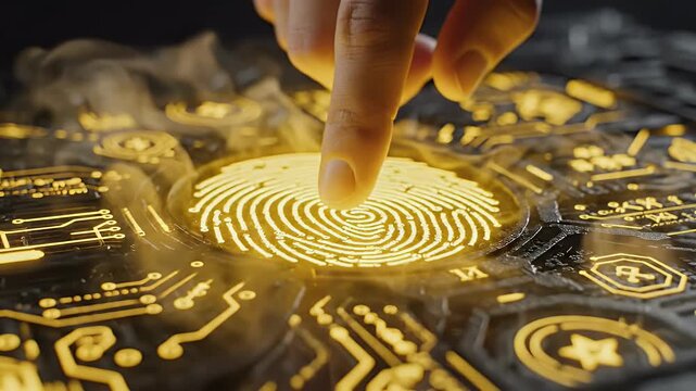 Fingerprint glowing with energy, data transfer, biometric scan, secure access