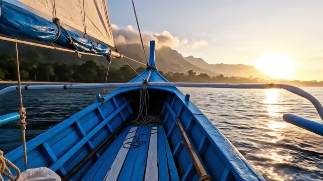 A wooden boat sails on the ocean at sunrise with mountains in the background
