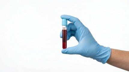 Naklejka premium Hand in blue glove holding blood sample in test tube with medical glove